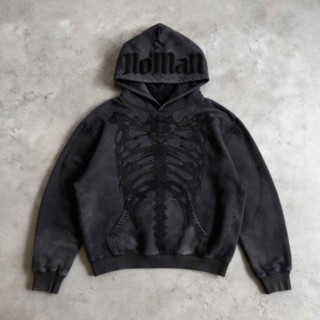 NOMAN BONES - Washed Black Hoodie - No Man Left