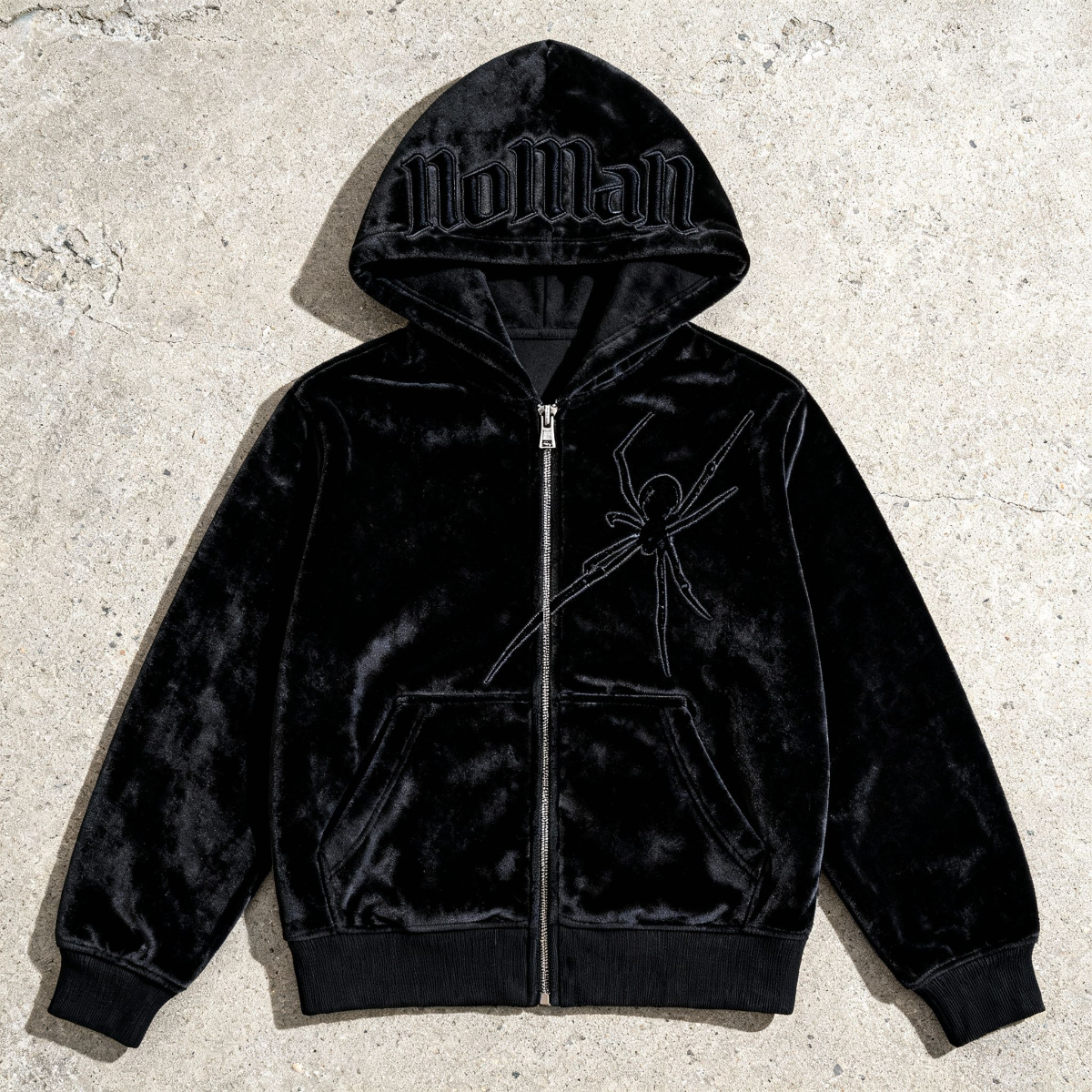 NOMAN SPIDER - Black Velvet Zip Hoodie