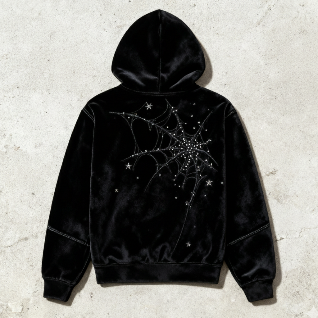 NOMAN SPIDER - Black Velvet Zip Hoodie