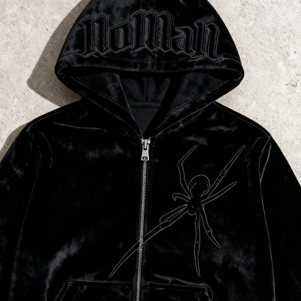 NOMAN SPIDER - Black Velvet Zip Hoodie